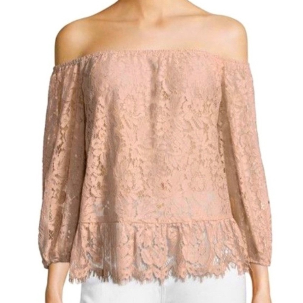 BCBGMAXAZRIA Womens Blush Pink Floral Lace Off the Shoulder Peplum Blouse‎ Small